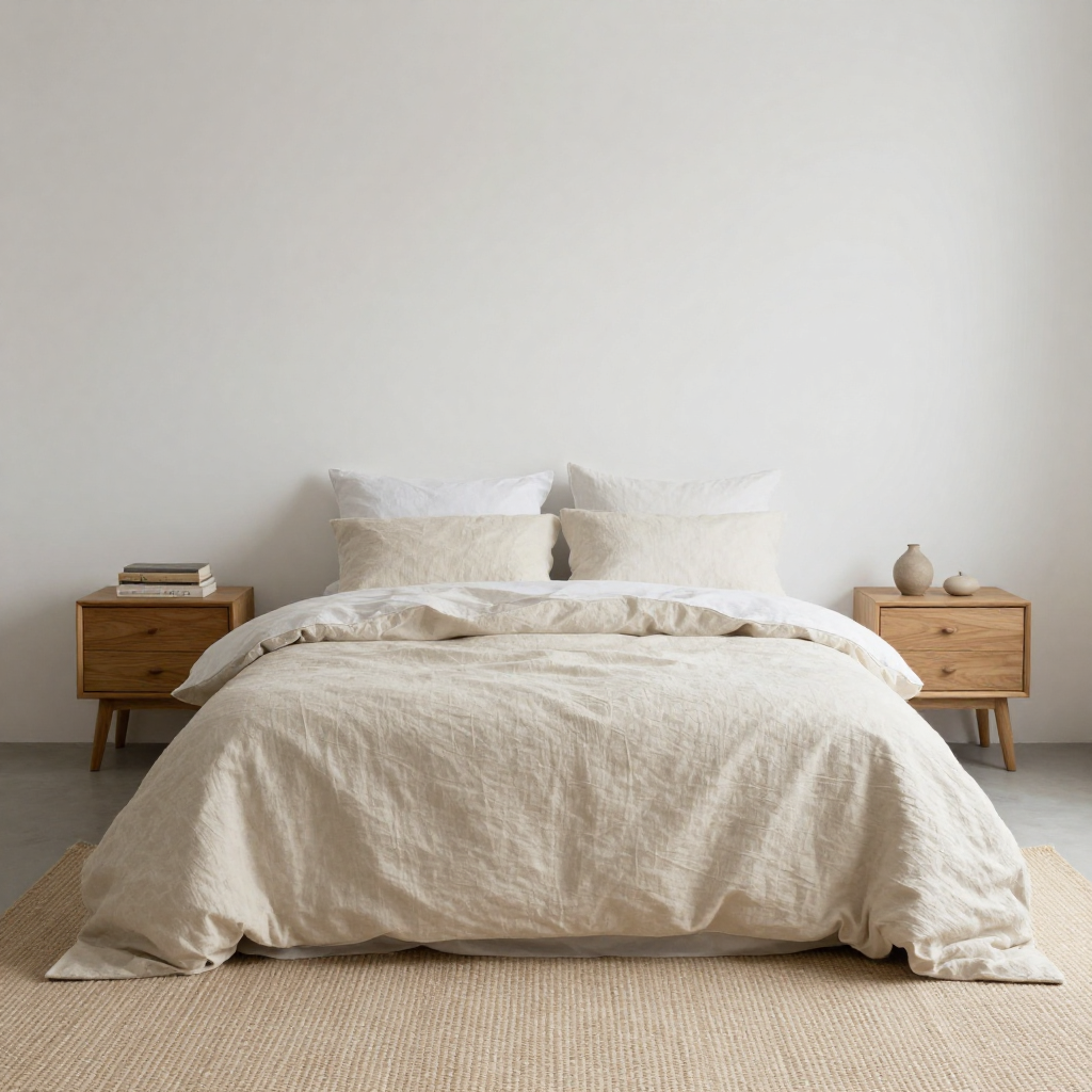 Minimalist bedroom featuring natural linen and oak furniture