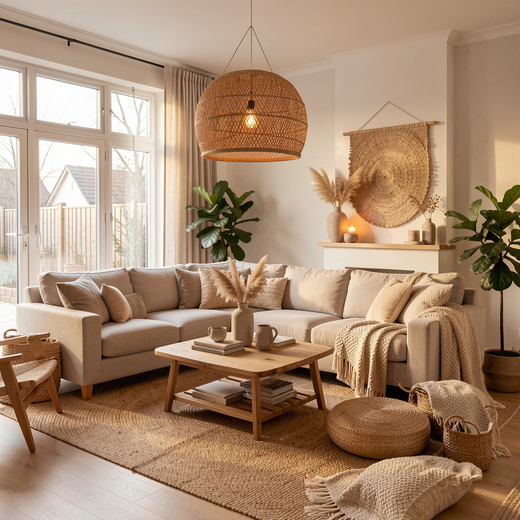 Elegant Nordic living room with natural textures and warm lighting